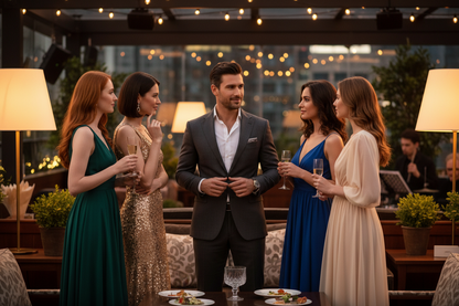 mi producto es ese  un perfume de feromonas de hombre asi que quiero un humbre que se vea que atrae mujeres y que huele bien, es para vender el perfume pero no muestres el perfume